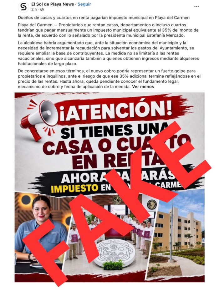 Captura de la publicación sobre un supuesto impuesto a las rentas marcada como falsa