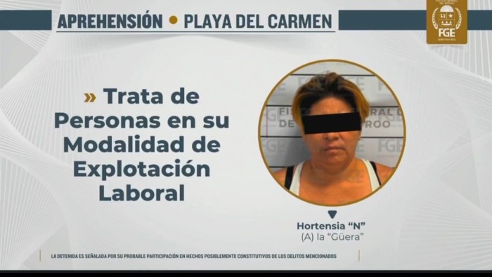 Ficha de la Fiscalía de Quintana Roo sobre la aprehensión de una mujer por presunta explotación laboral en Playa del Carmen
