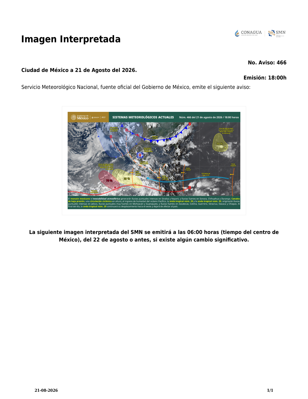 Imagen satelital del Caribe mexicano difundida por el Servicio Meteorológico Nacional el 21 de agosto de 2026